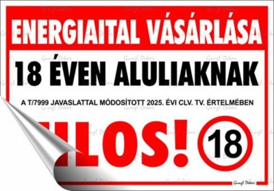 Információs matrica, 11,6x16,6 cm, "Energiaital vásárlása 18 éven aluliaknak tilos!"